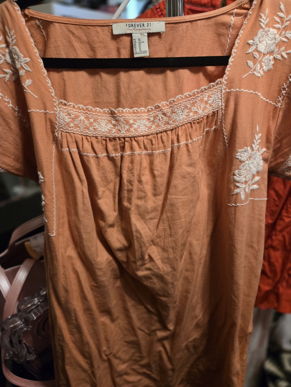 Forever 21 Peach-Orange Embroidered Square Neck Tunic